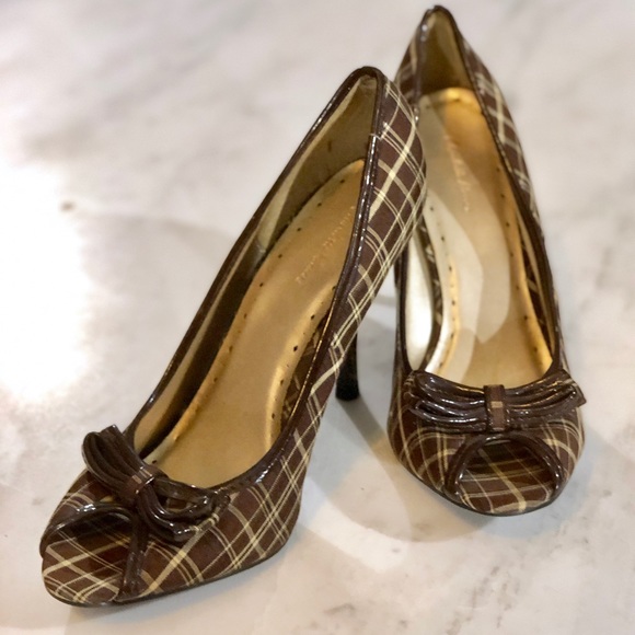 Charlotte Russe Shoes - Brown Neutral Plaid Peep Toed Heels with Bow